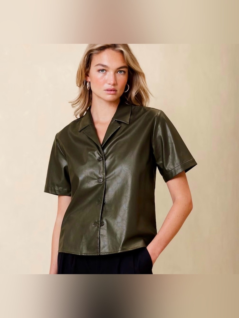 Banana Republic Olive Green Faux Leather Button Front Shirt Women’s Medium NWT